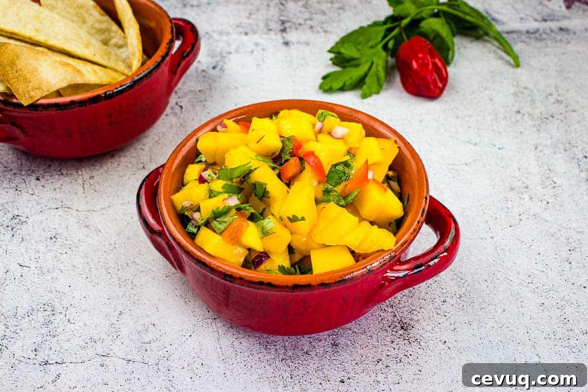 Mango Salsa in a bowl with chips nearby.
