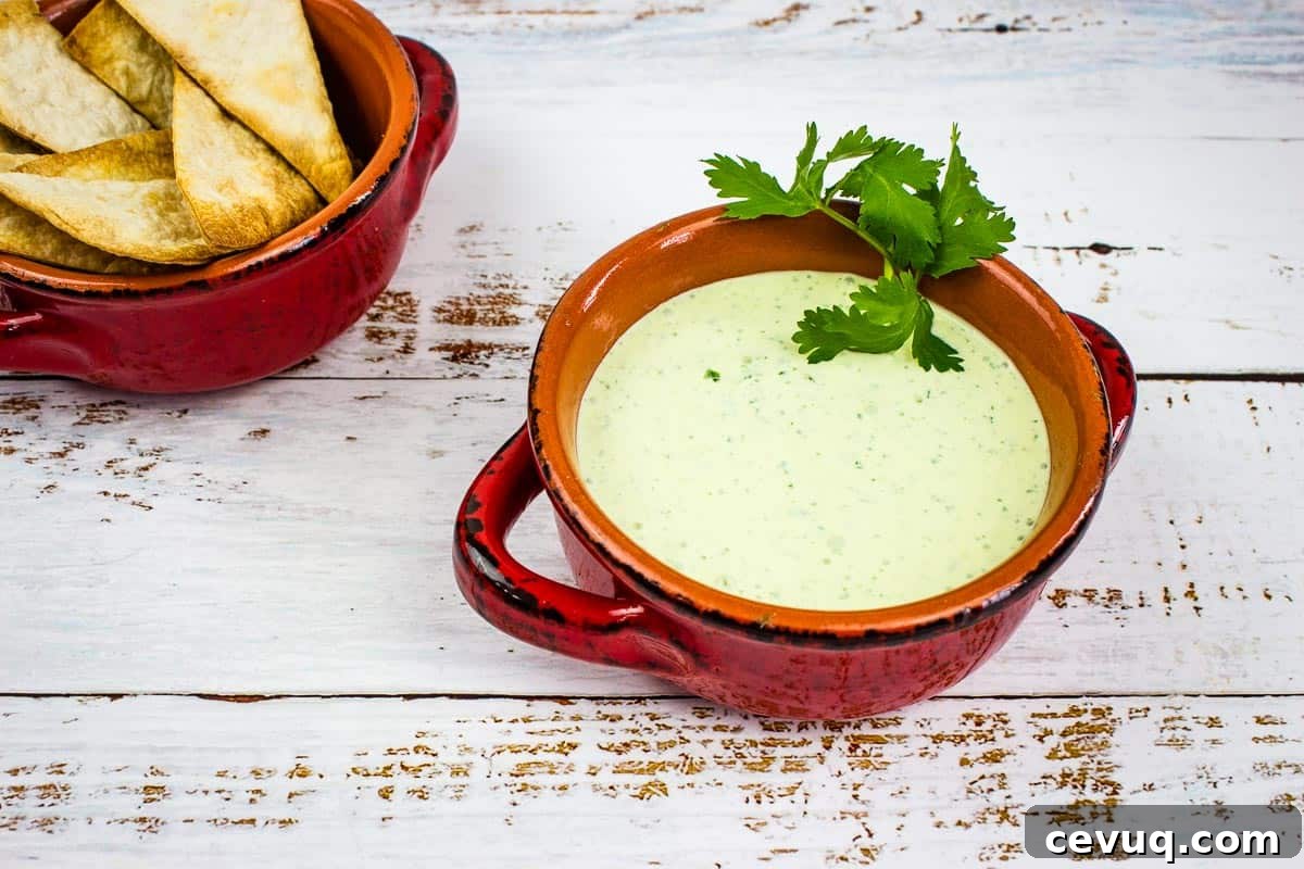 Creamy Jalapeno Dip in a bowl with chip nearby.