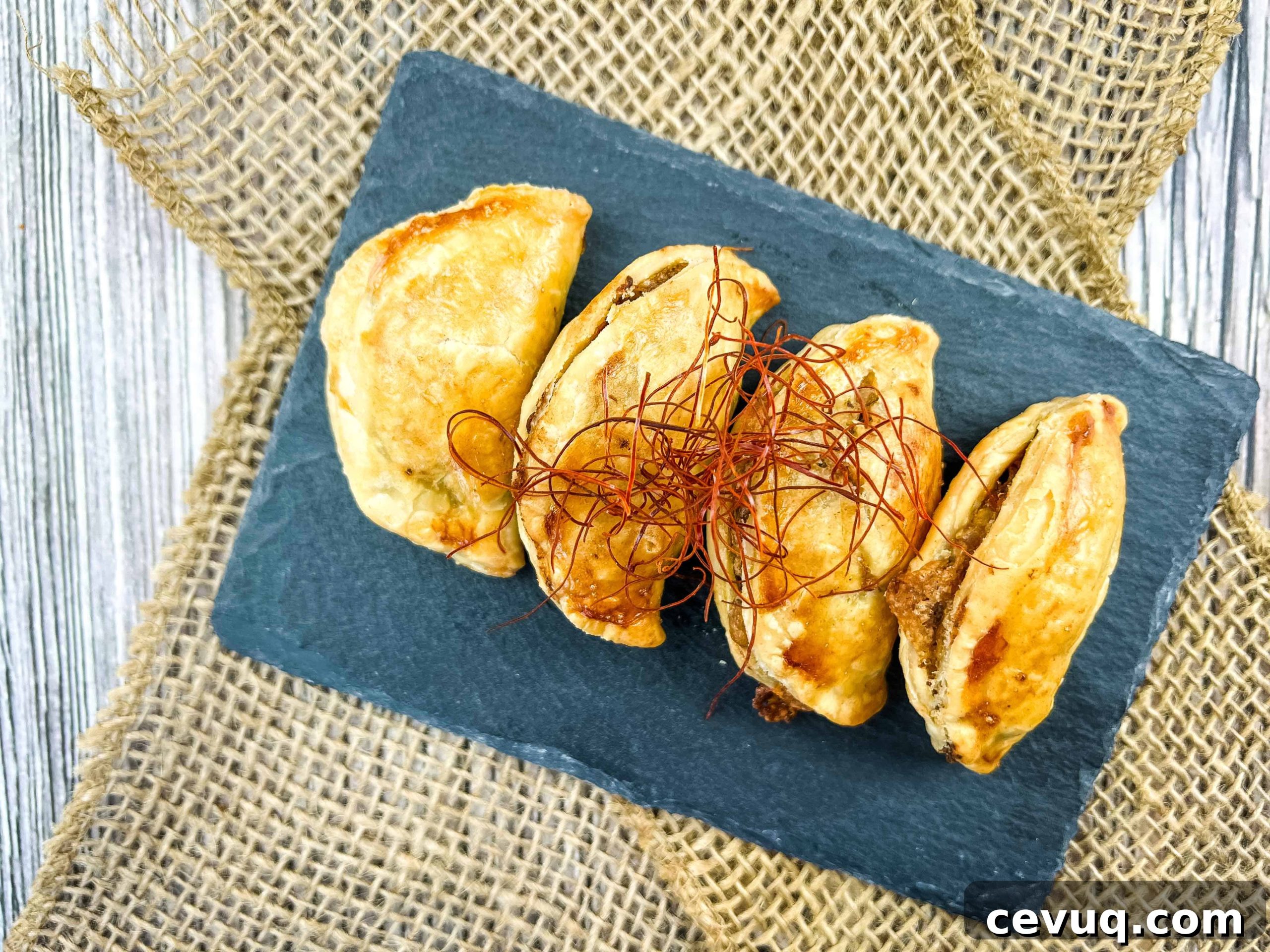 Four pieces of Air Fryer Beef Empanadas on a black rectangular slate.
