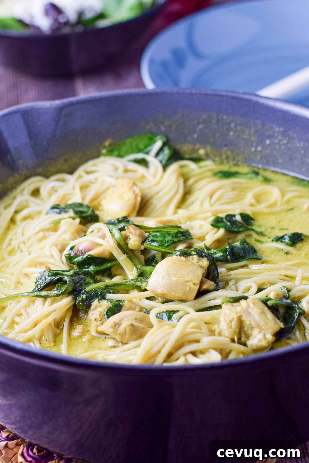 A pan with curry sauce, noodles, spinach and chicken