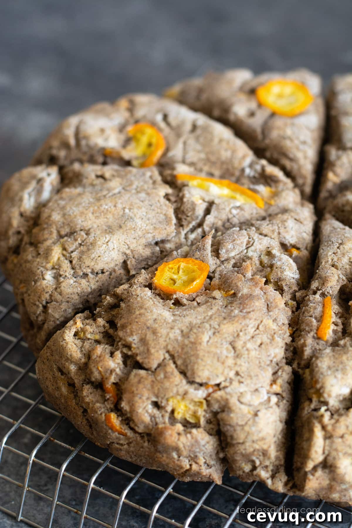 Gluten-Free Buckwheat Scones with Caramelized Kumquats 2 Gluten free buckwheat scones on a cooling rack.