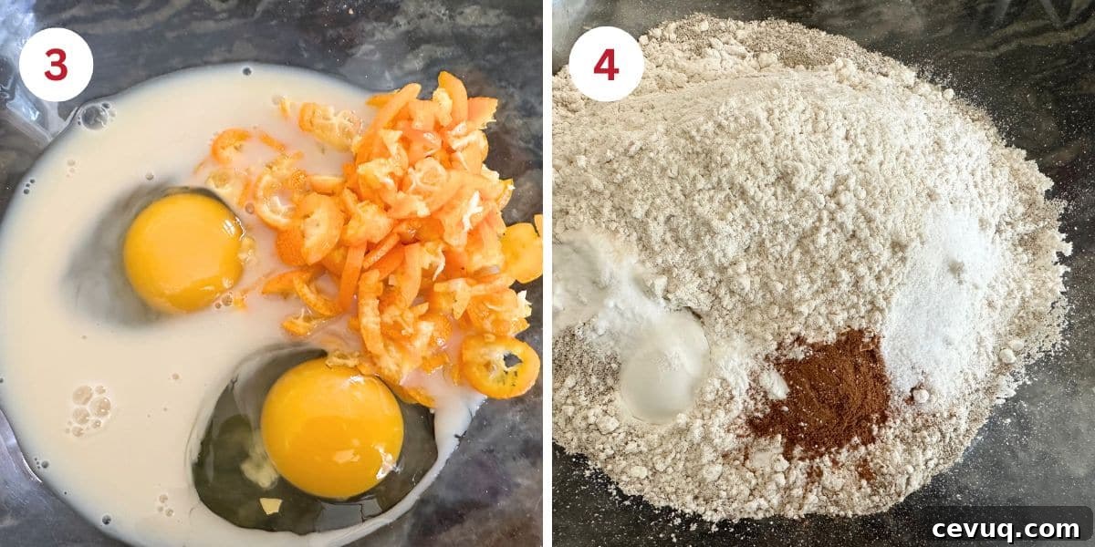 Gluten-Free Buckwheat Scones with Caramelized Kumquats 4 Two mixing bowls. One is filled with the wet ingredients and the other with the dry ingredients.