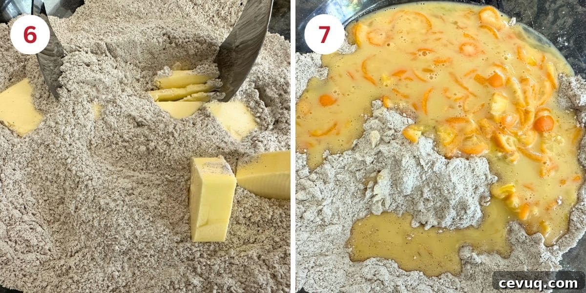 Gluten-Free Buckwheat Scones with Caramelized Kumquats 5 Showing blending the butter into the dry ingredients and mixing the wet and dry ingredients.