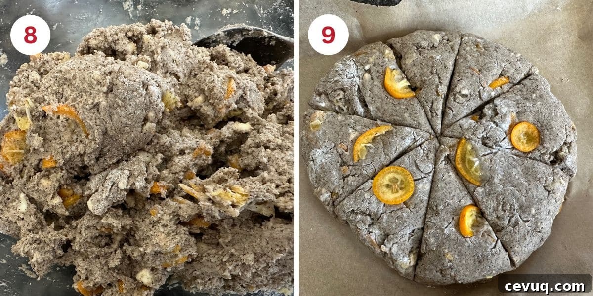 Gluten-Free Buckwheat Scones with Caramelized Kumquats 6 Photos of the scone dough before and after shaping into a disc.
