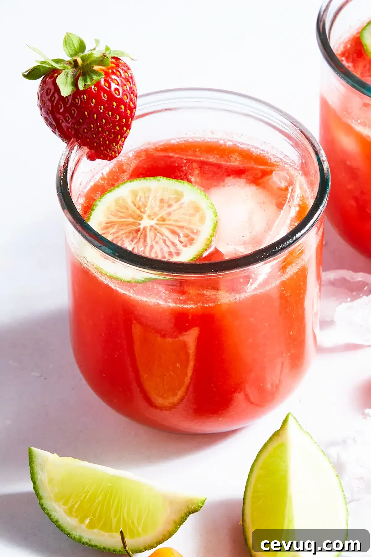 A glass of spicy strawberry margarita. The glass is garnished with a strawberry and surrounded by ice, habanero peppers and lime slices.