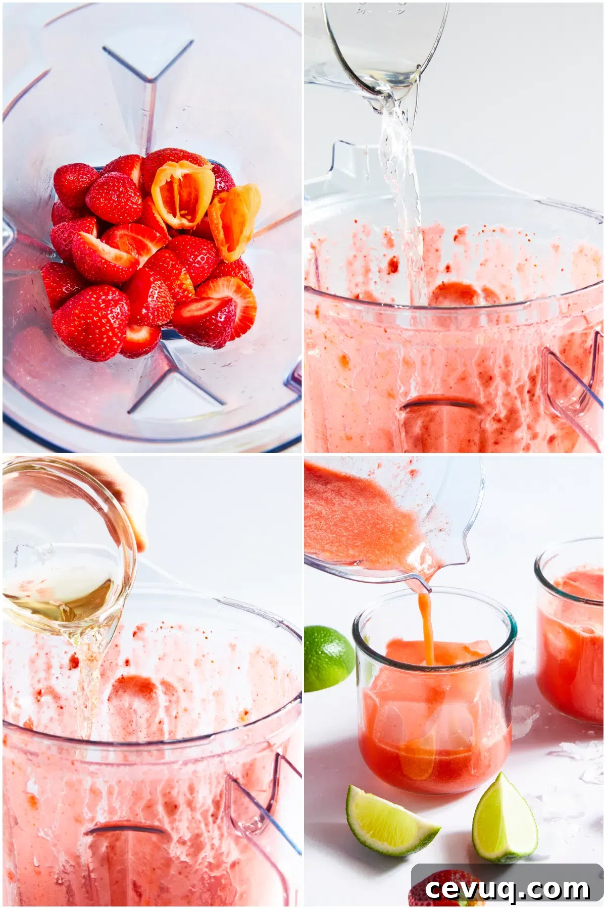 A four image collage showing how to make strawberry habanero margaritas: Blend strawberries and habaneros, add coconut water and tequila, and pour into glasses.