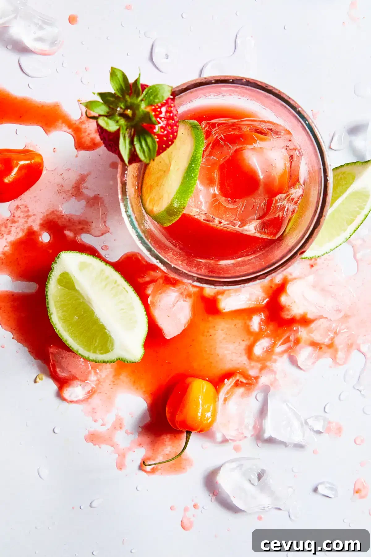 Overhead view of a spicy strawberry margarita. The glass is garnished with a strawberry and surrounded by pieces of ice, habaneros and lime slices.