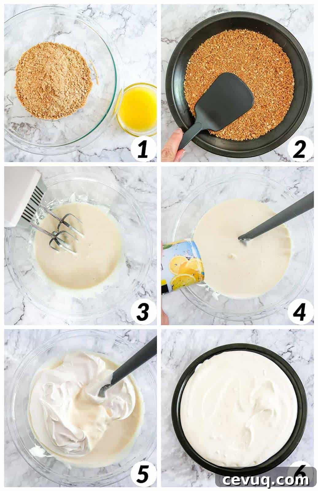 Six panel collage of process shots- mixing and forming the crust, mixing together ingredients to form the filling, and forming the pie.