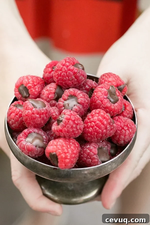Chocolate filled raspberries in a bowl.