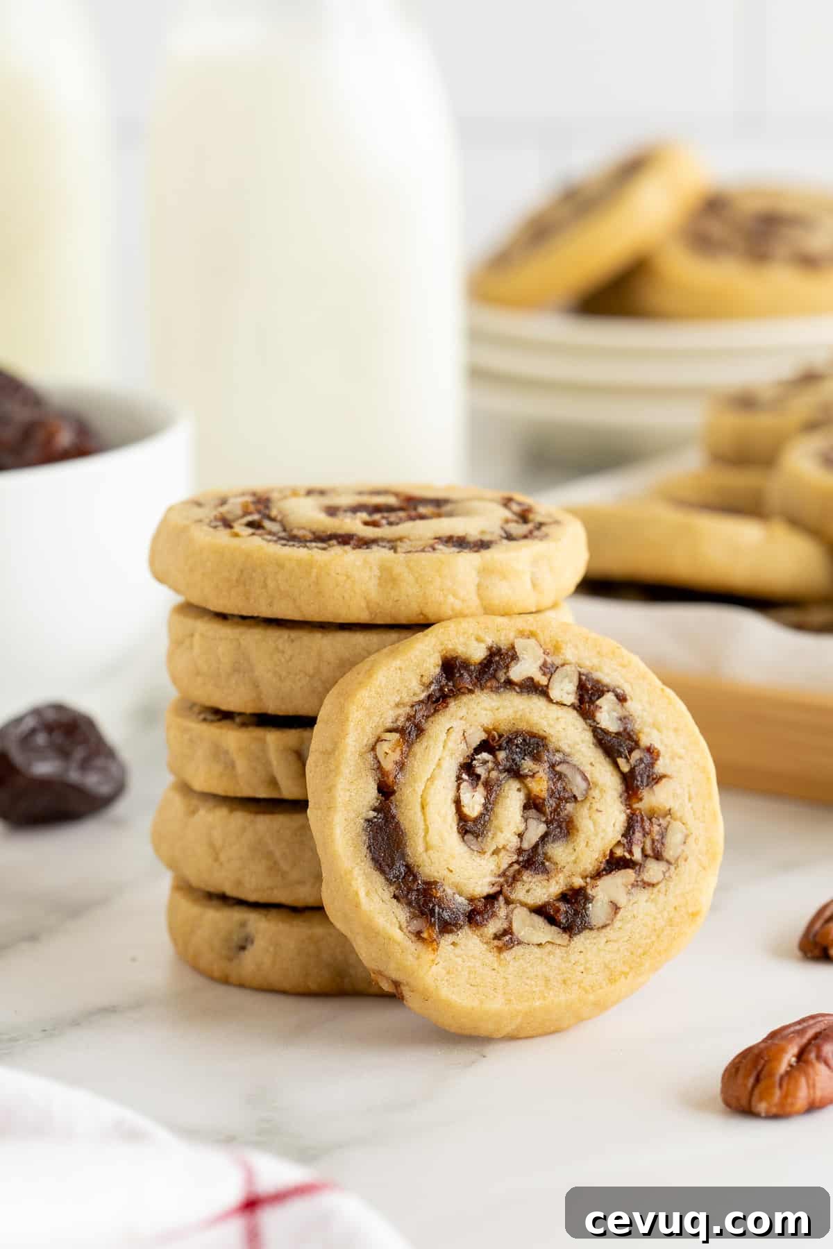 Date Pinwheel Cookies Recipe — Irresistible Swirls of Sweet Date Filling 2 A date pinwheel cookie leaning against a stack of cookies on a kitchen counter.