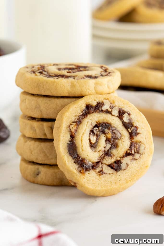 Date Pinwheel Cookies Recipe — Irresistible Swirls of Sweet Date Filling 11 A date pinwheel cookie leaning against a stack of cookies on a kitchen counter.