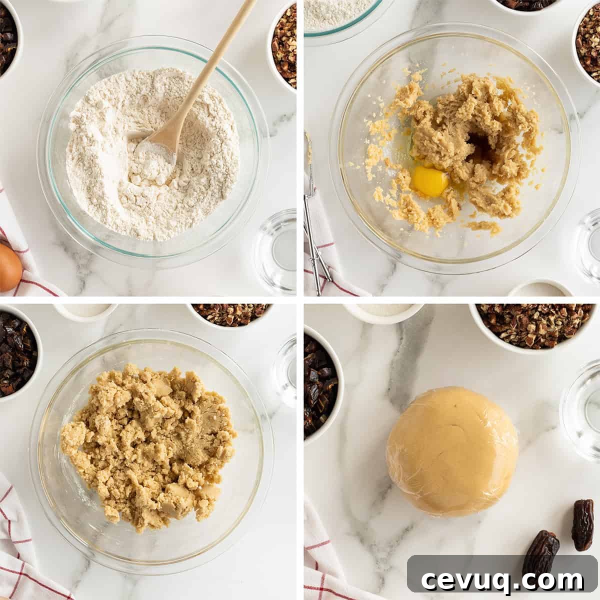 Date Pinwheel Cookies Recipe — Irresistible Swirls of Sweet Date Filling 6 Four images of cookie dough ingredients in a glass bowl.