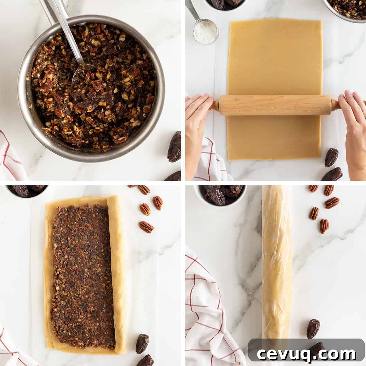 Date Pinwheel Cookies Recipe — Irresistible Swirls of Sweet Date Filling 7 Four images of a date mixutre in a saucepan, cookie dough being rolled out, the date mixture on the cookie dough and then the dough rolled in a log.