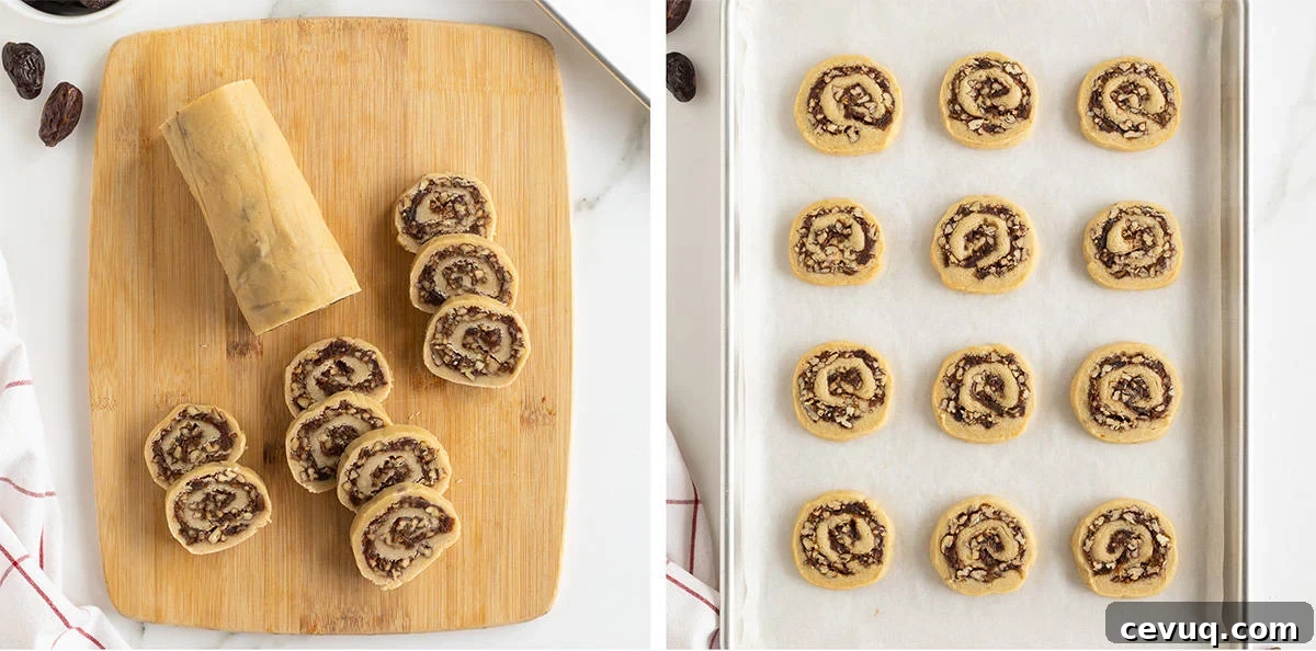 Date Pinwheel Cookies Recipe — Irresistible Swirls of Sweet Date Filling 8 A long roll of date pinwheel cookie dough partially sliced on a cutting board and the slices on a baking sheet.