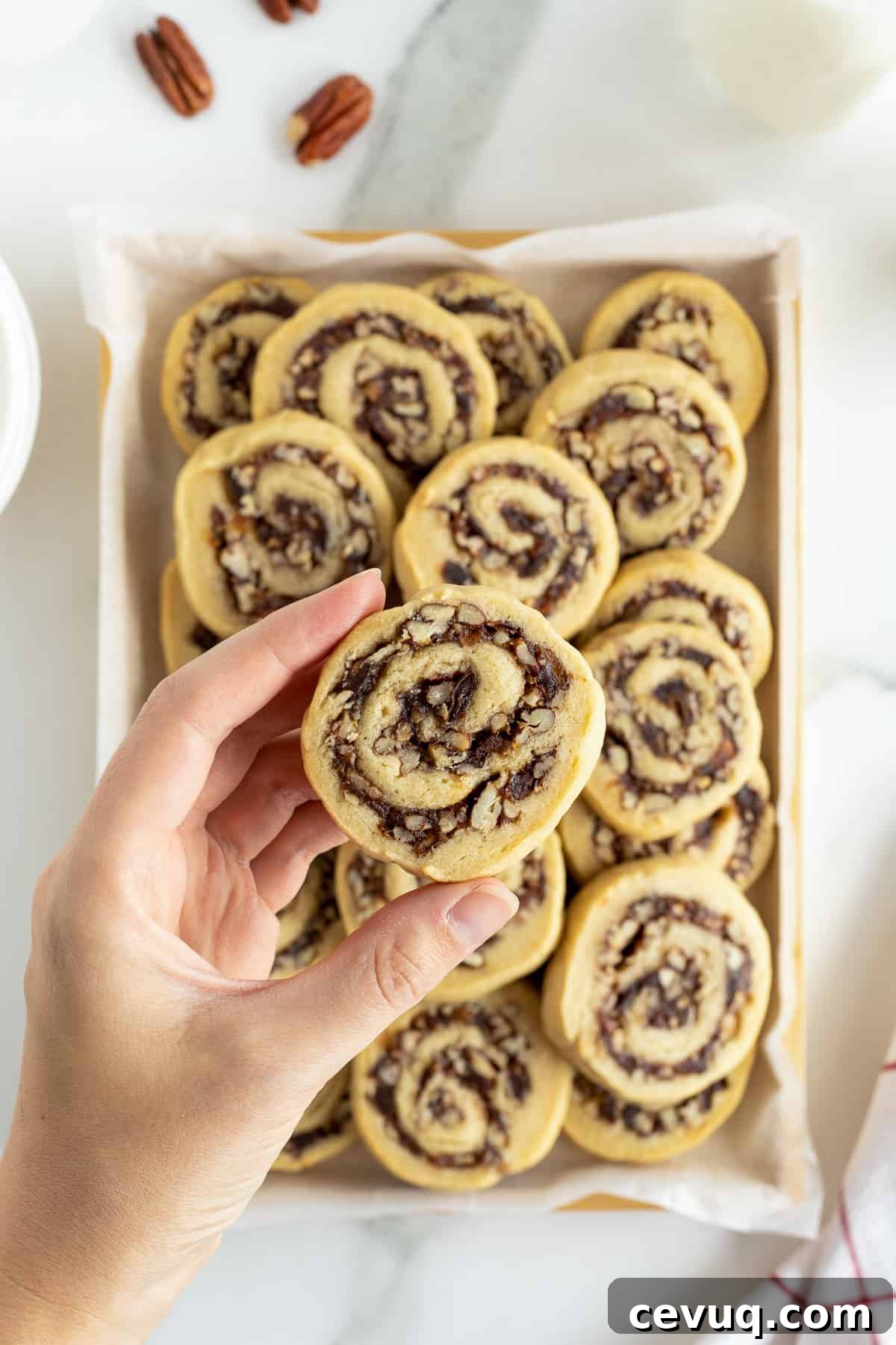Date Pinwheel Cookies Recipe — Irresistible Swirls of Sweet Date Filling 9 A hand holding a date pinwheel cookie over a platter of cookies.