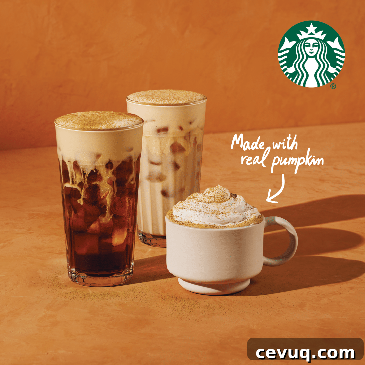 3 Starbucks coffees with one being made with real pumpkins.