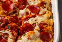 Pizza Casserole Recipe with Pepperoni, Mozzarella and Basil