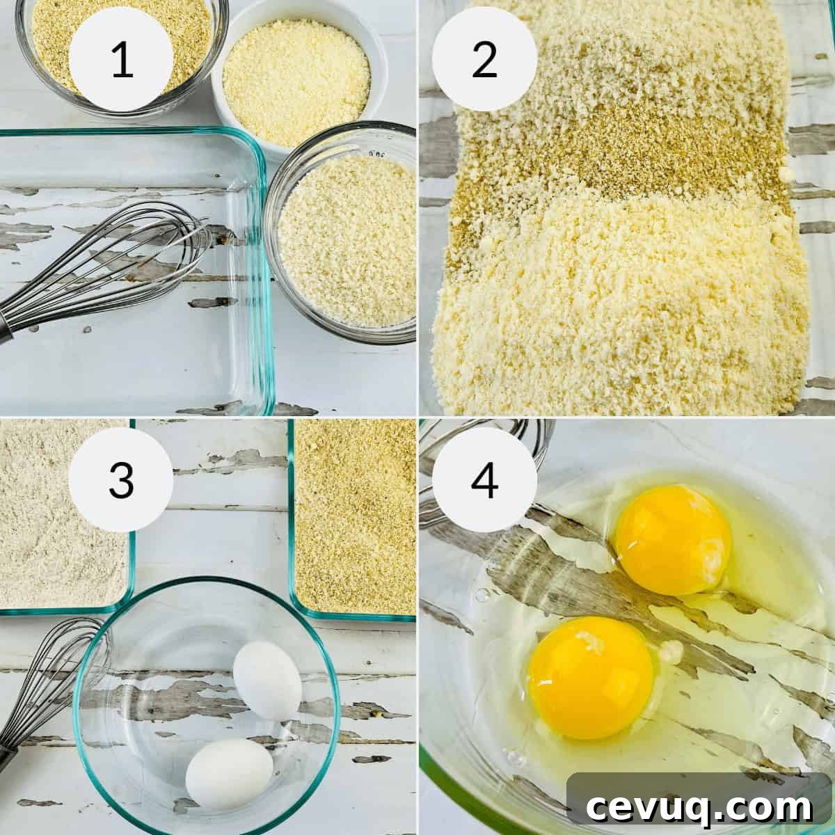 Beating the eggs and preparing the panko for the fries.