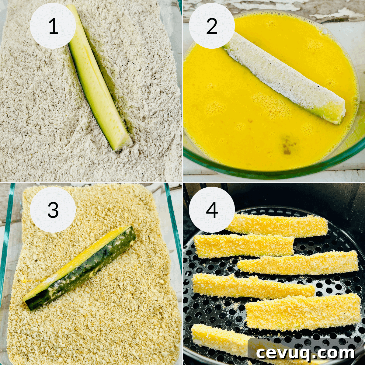 Coating your zucchini sticks and placing them in the air fryer.