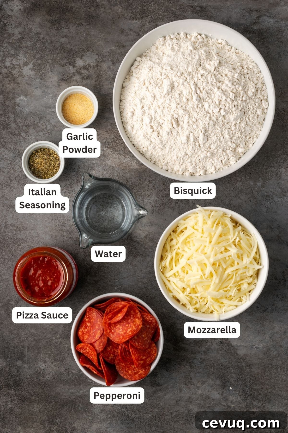 Pizza casserole ingredients with text labels overlaying each ingredient.