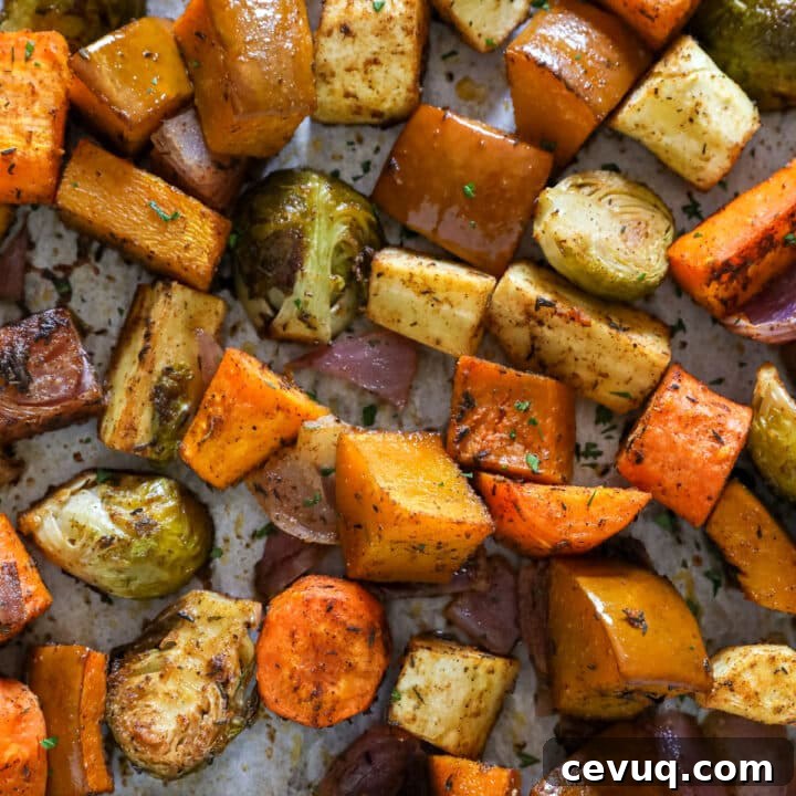 A close up overhead image of roasted autumn vegetables on a pan.