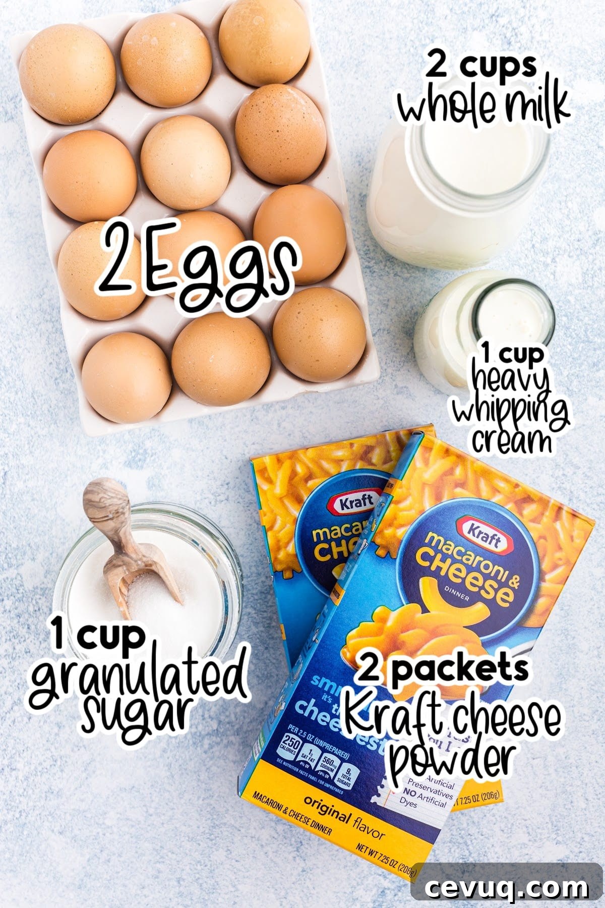 Copycat Mac and Cheese Ice Cream Recipe 3 All ingredients laid out on the counter to make this ice cream, with text overlays.
