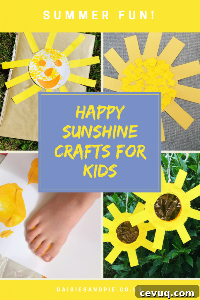 4 kids sunshine crafts - scrapbook with sunshine face on the front, mosaic sunshine, small child doing bright yellow painted footprints, sunshine sun catchers hung in a tree. Text overlay saying 'happy sunshine crafts for kids'
