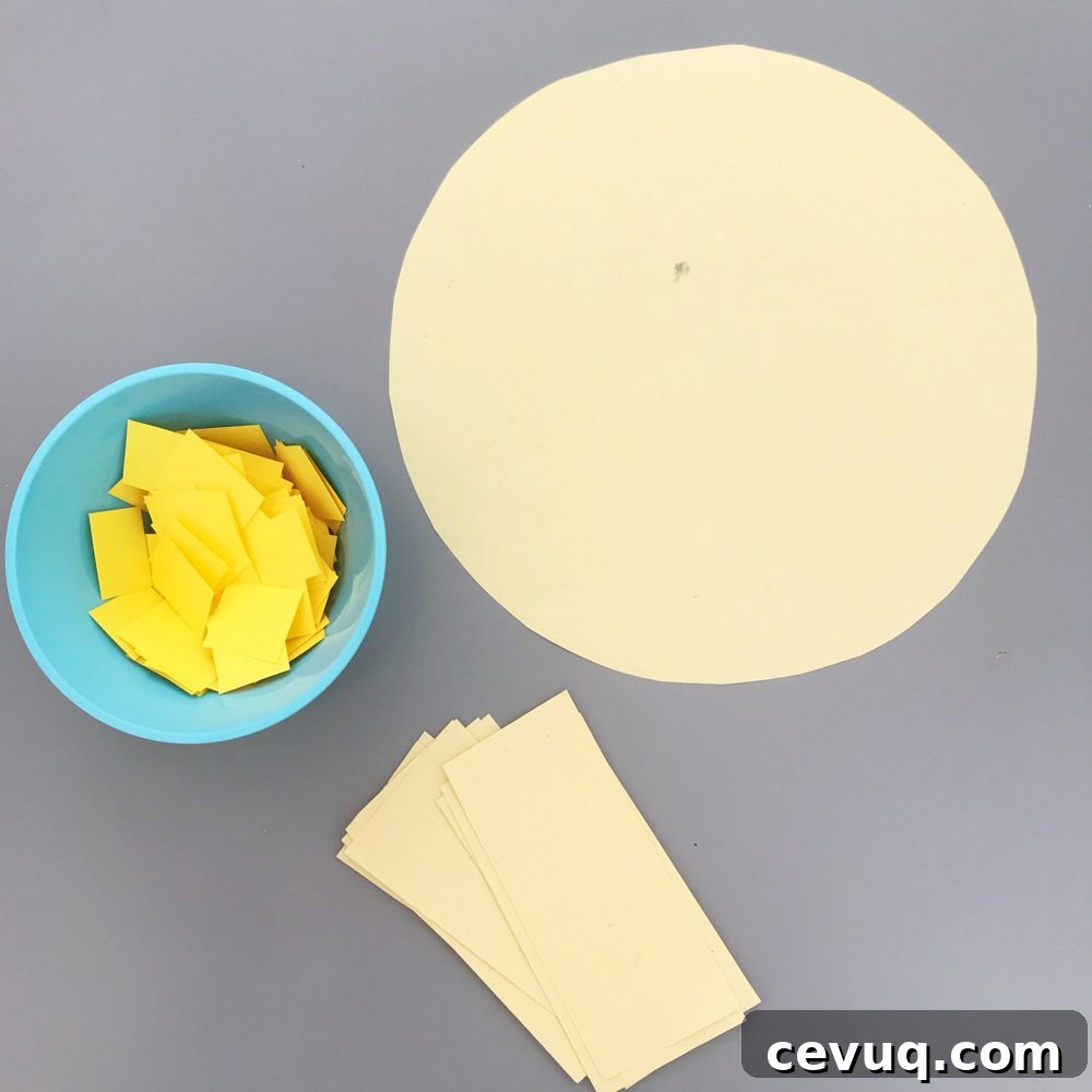 yellow paper circles and mosaic squares ready for sunshine craft