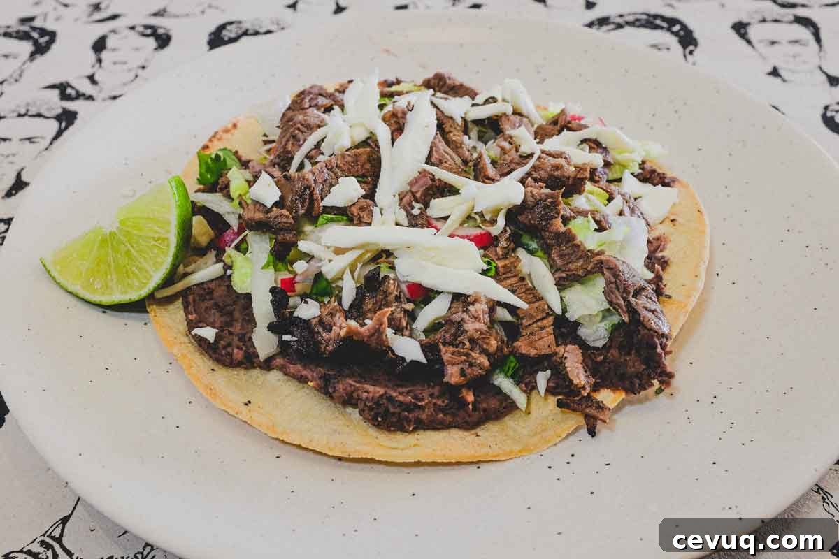 Crisp corn tortillas, topped with refried beans, carne asada, salad vegetables and Oaxacan cheese