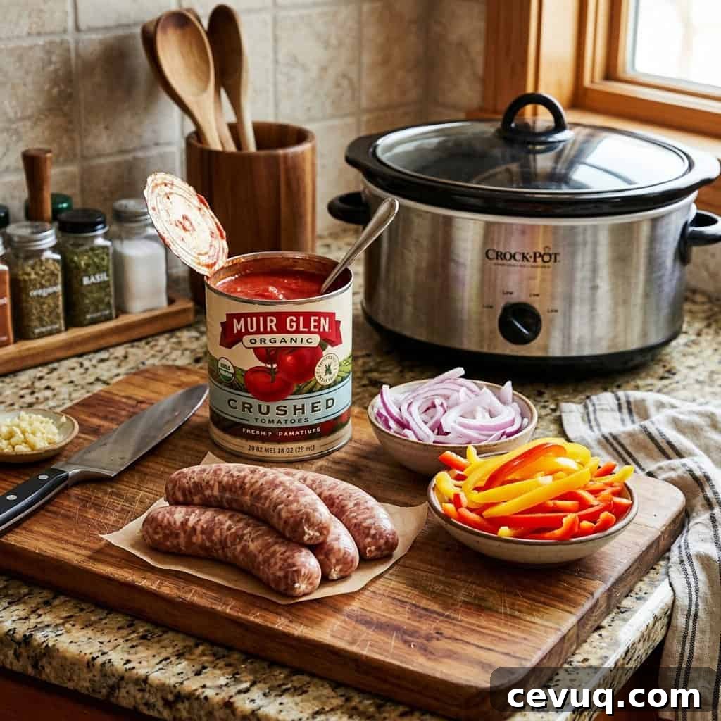 kitchen counter with Italian sausage, slice onions, sliced bell peppers, can crushed tomatoes with slow cooker in background