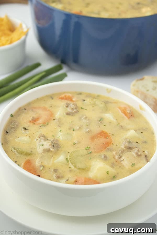 Cheeseburger Soup on a bowl
