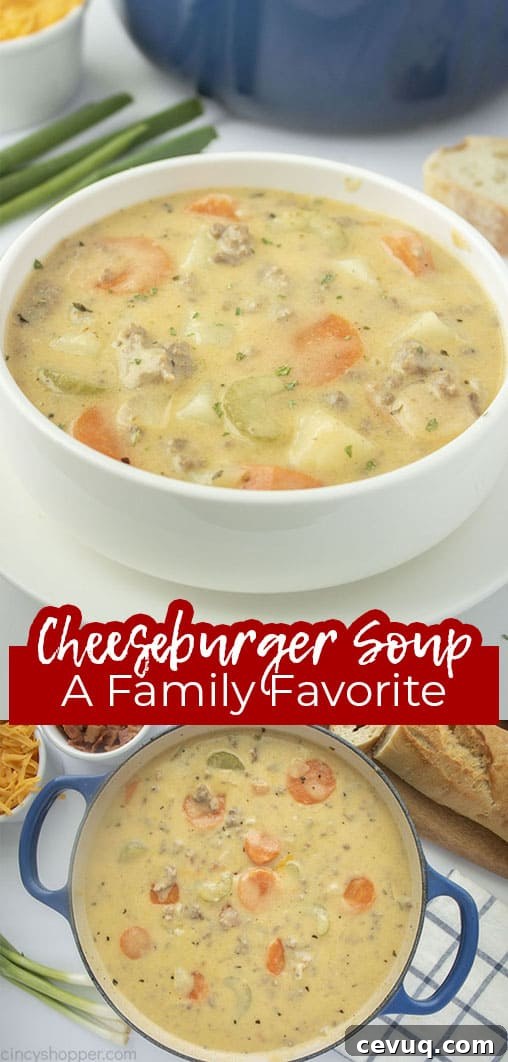 Long pin collage with text Cheeseburger Soup A Family Favorite