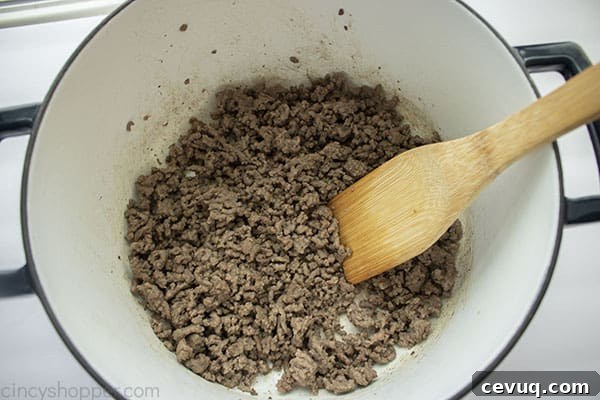 Browned ground beef in a pot