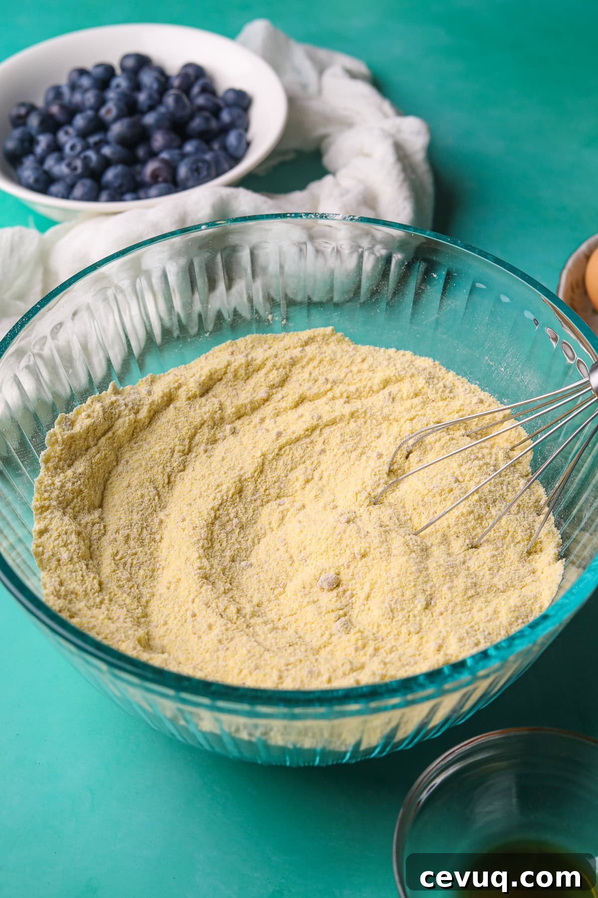 dry ingredients for blueberry cornbread in a bowl.