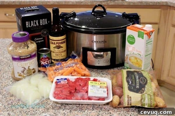 Ingredients on kitchen counter for slow cooker beef stew
