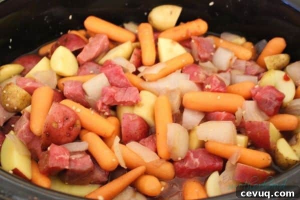 Uncooked easy slow cooker beef stew ready to turn on- carrots, meat, potatoes, onions, and seasoning is all well mixed