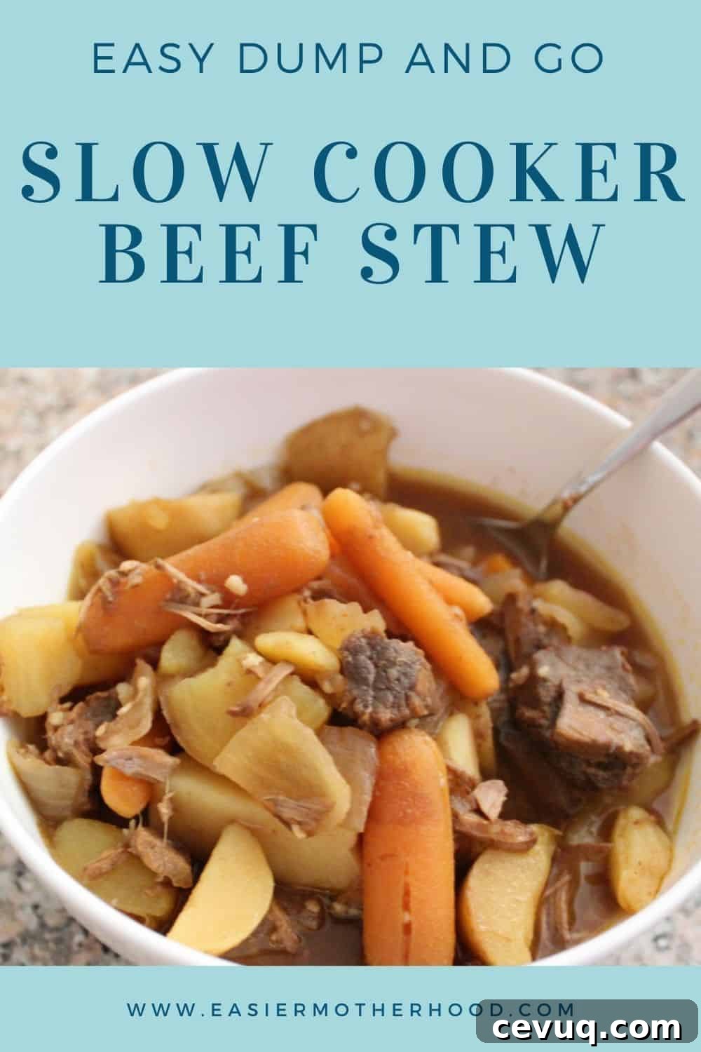 Pinterest pin showing bowl of finished easy slow cooker beef stew