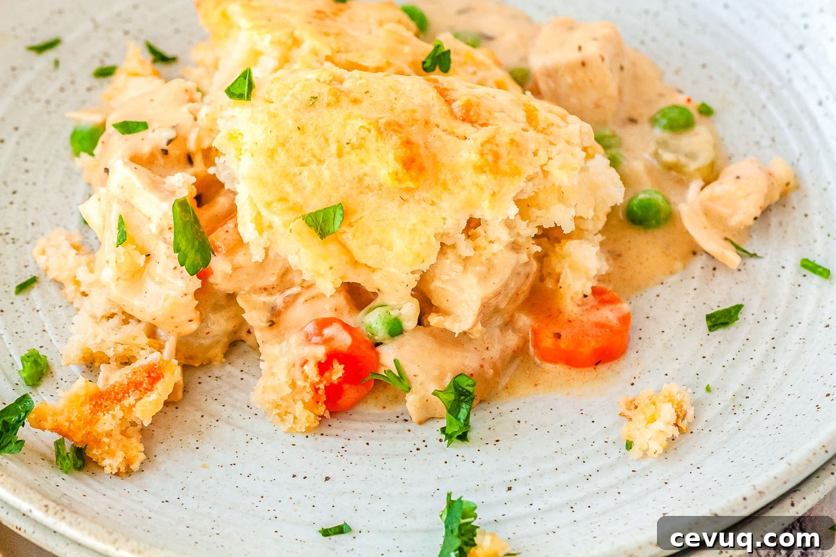 Scoop of chicken pot pie with cheddar biscuit topping on a plate, showing creamy chicken filling with peas and carrots.