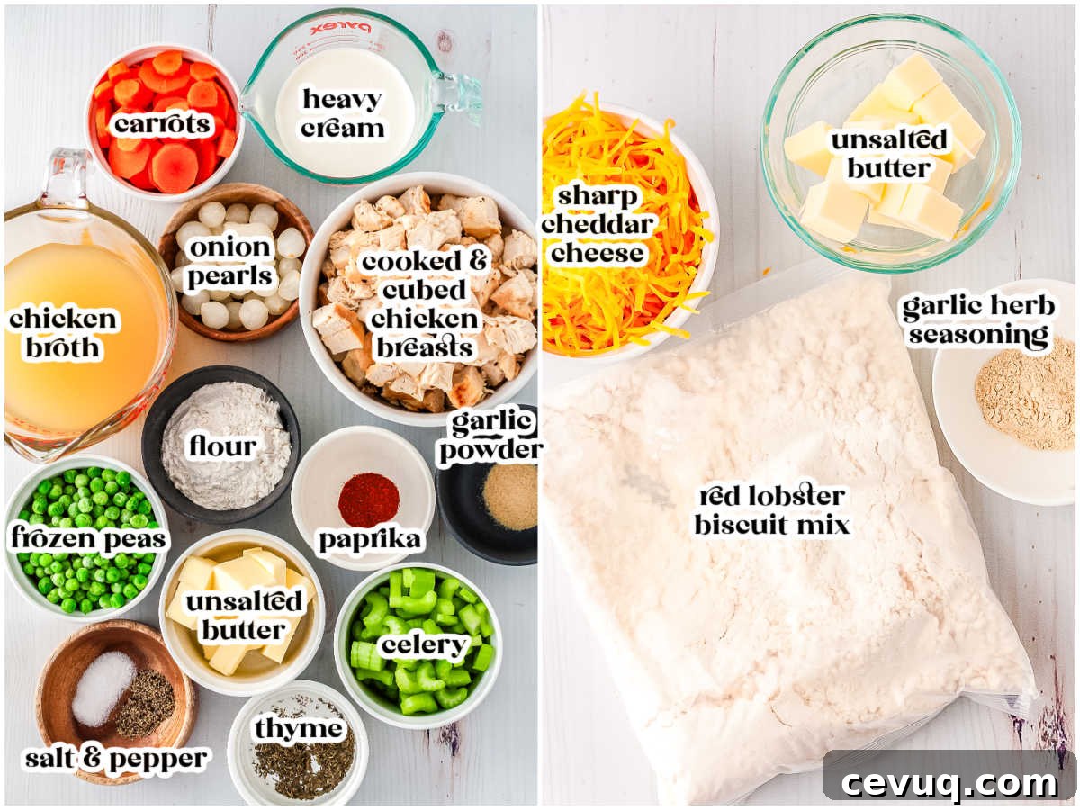 Ingredients for chicken pot pie with biscuit topping including chicken broth, heavy cream, carrots, peas, cooked chicken, cheddar cheese, and biscuit mix.