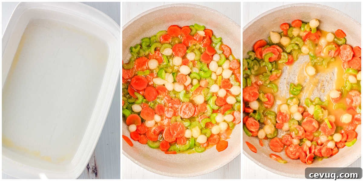 Step by step images showing greased baking dish and vegetables sautéing in butter for chicken pot pie filling.