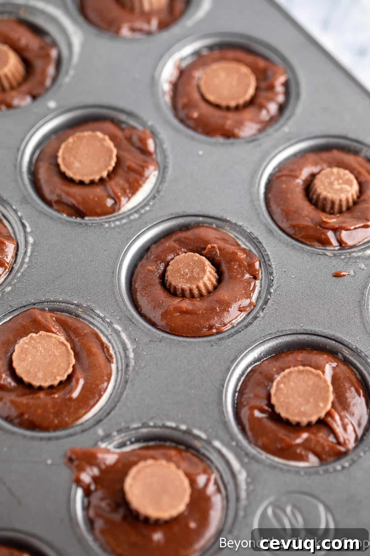 Mini peanut butter cups in brownie batter.
