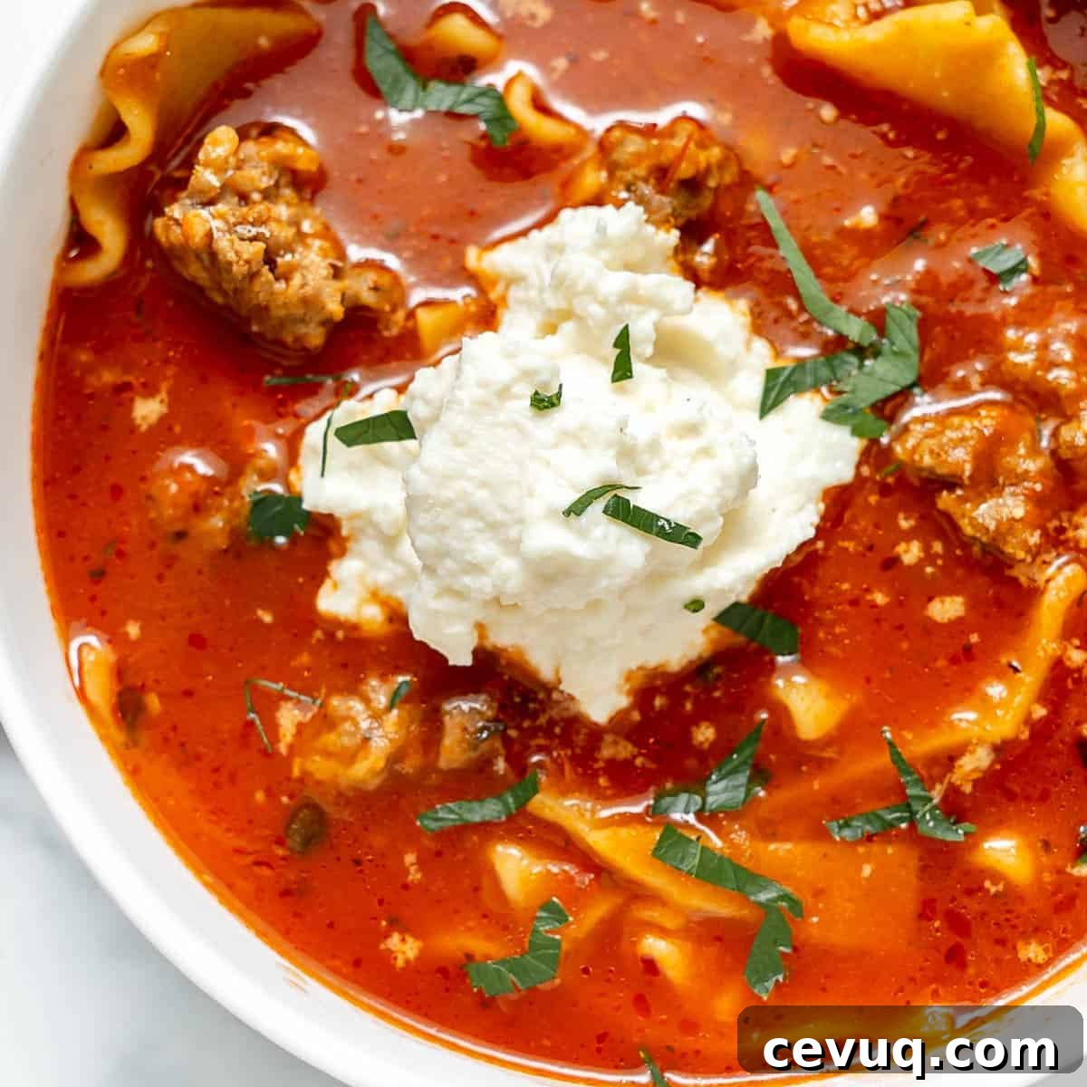 Bowl of lasagna soup with ground meat, pasta, tomato broth, a dollop of ricotta cheese, and chopped herbs on top.