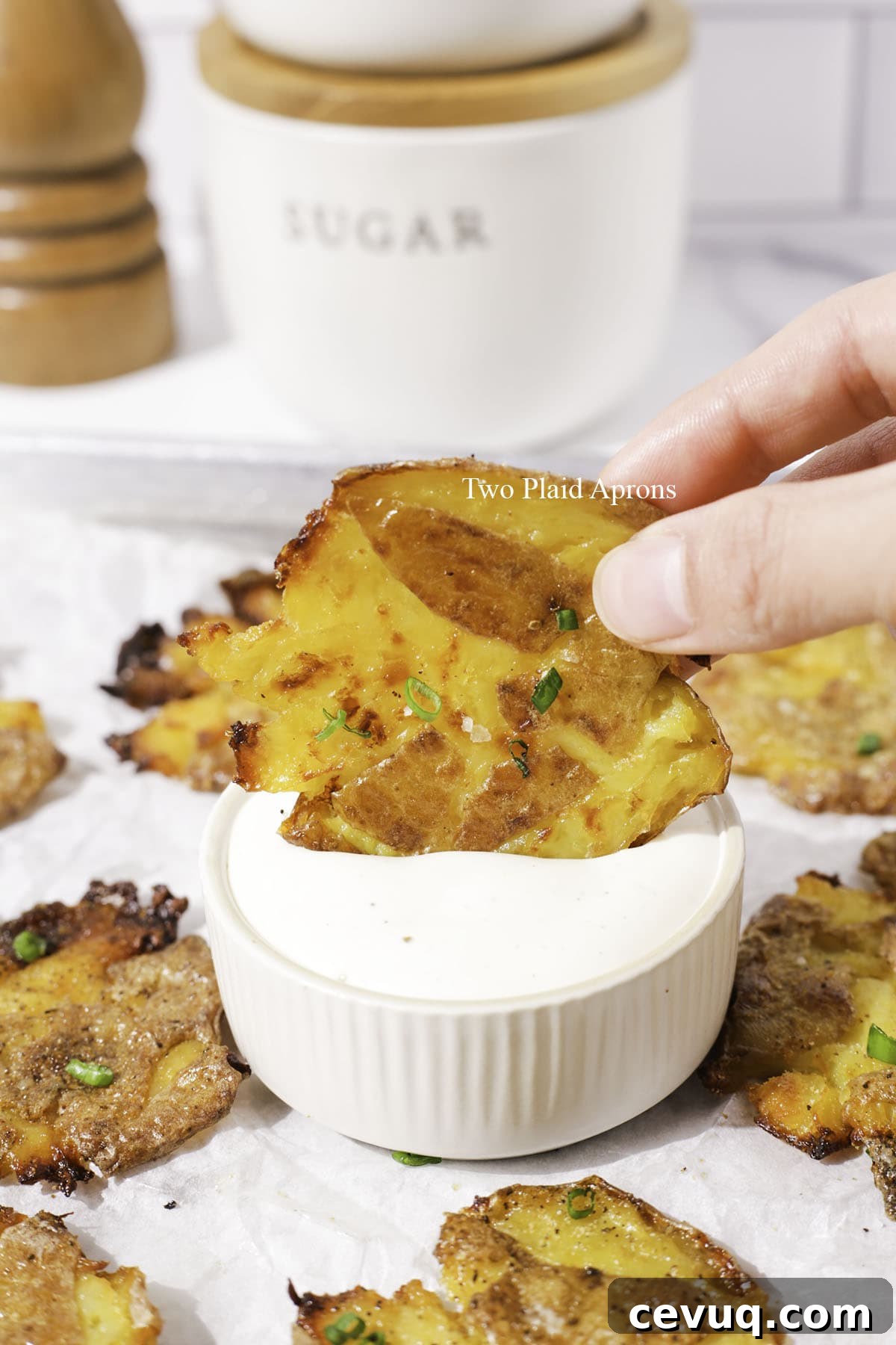 Close-up of golden smashed potatoes