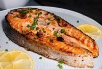 Crisp Pan-Seared Salmon Steak with Lemon Garlic Butter