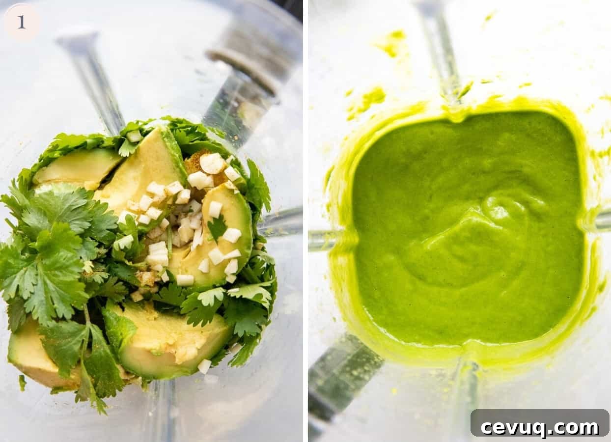 picture collage demonstrating how to make creamy cilantro lime avocado sauce to serve with fajitas 