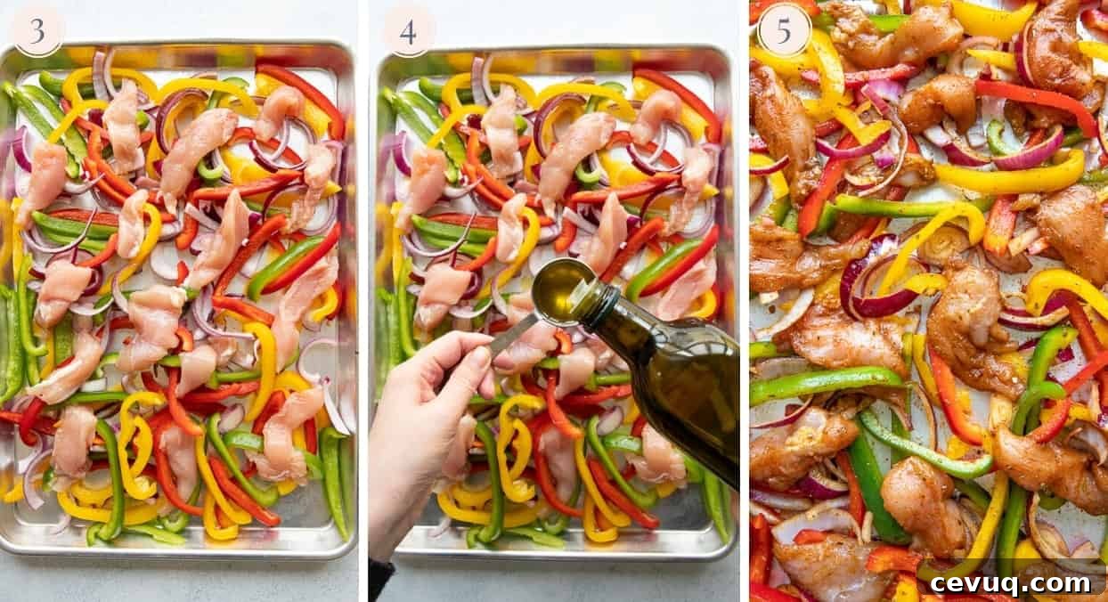picture collage showing how to prepare and bake chicken fajitas on a sheet pan