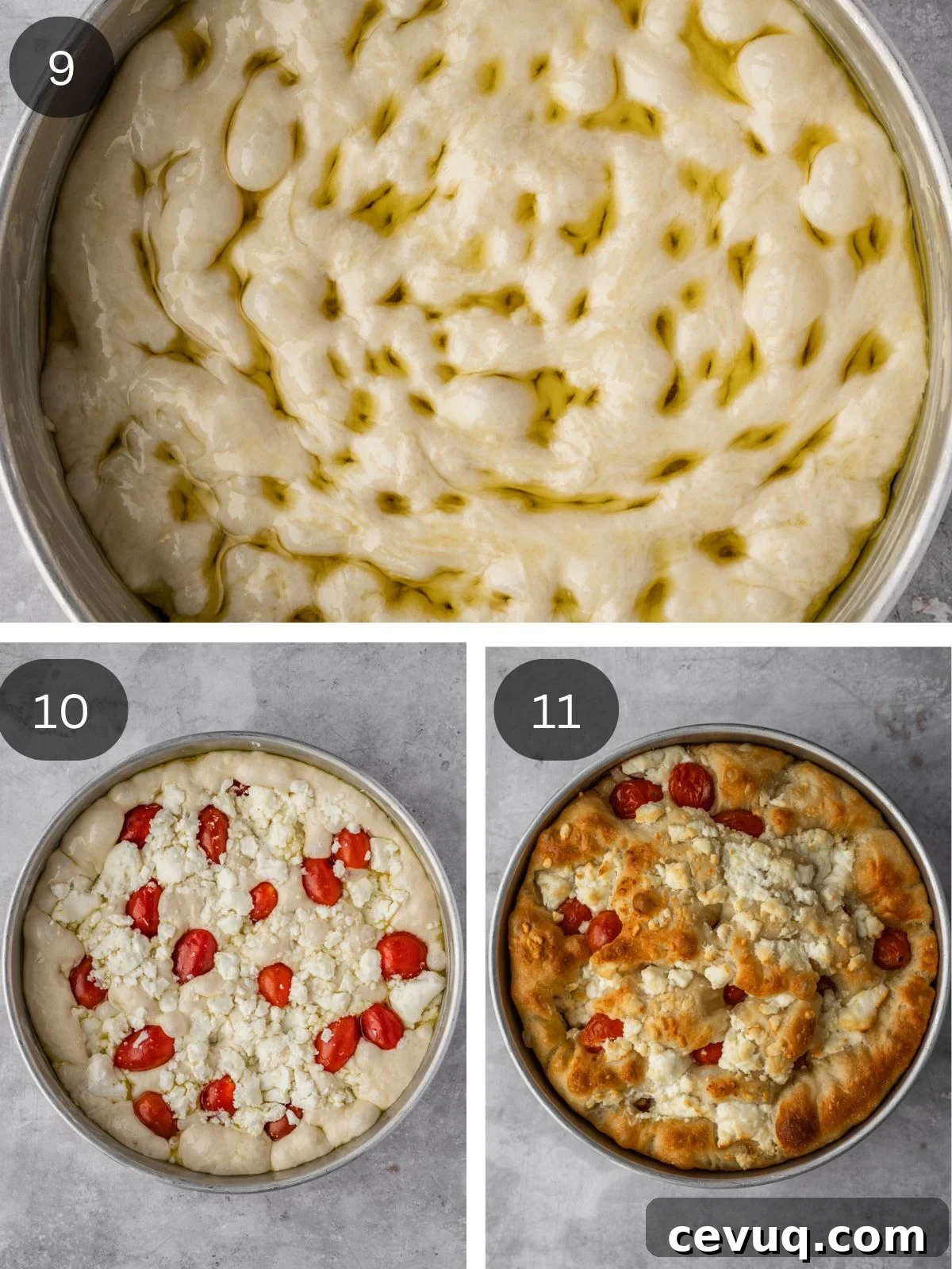 Recipe steps showing how the dough is dimpled with fingers, garnished and baked.