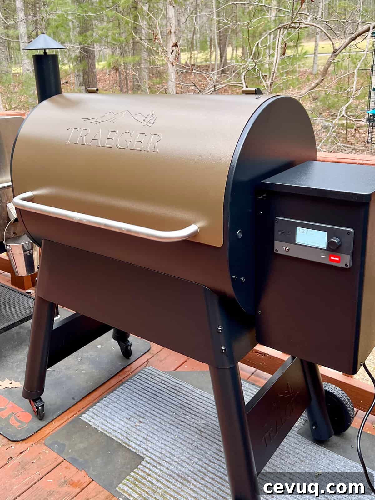 Traeger grill on deck with woods in the background.