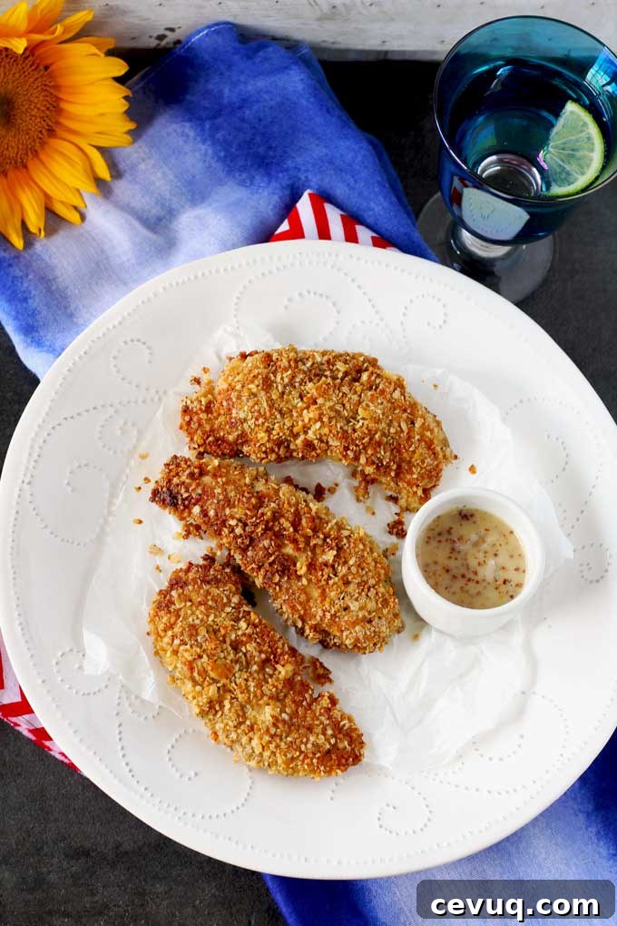 Overhead shot of three Macadamia Nut Crusted Chicken Tenders and a mini white bowl with honey mustard