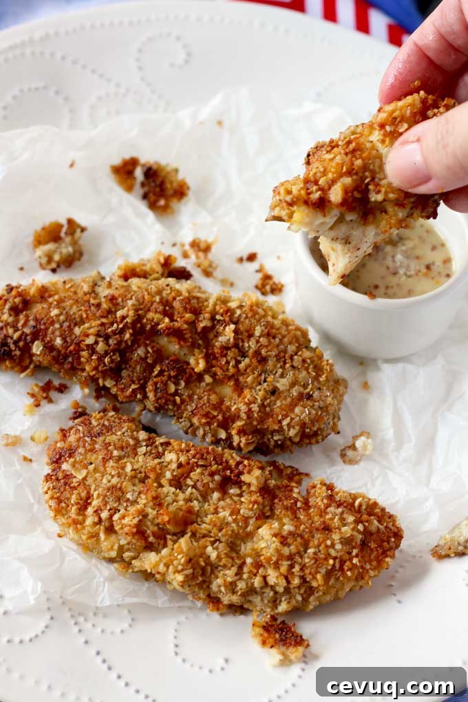 Close-up shot of three Macadamia Nut Crusted Chicken Tenders. One is been dipped in honey mustard